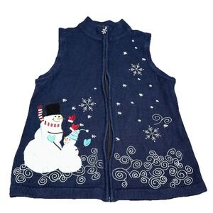 Christopher & Banks Navy Blue Full‎ Zip Snowman Winter Christmas Vest Women's M